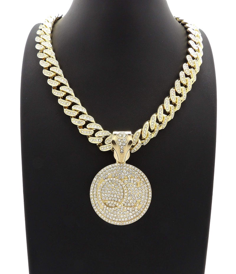 BLINGFACTORY Men Hip Hop QC Quality Control Pendant & 12mm 18in Full Iced Box Lock Cuban Chain Necklace - Image 2